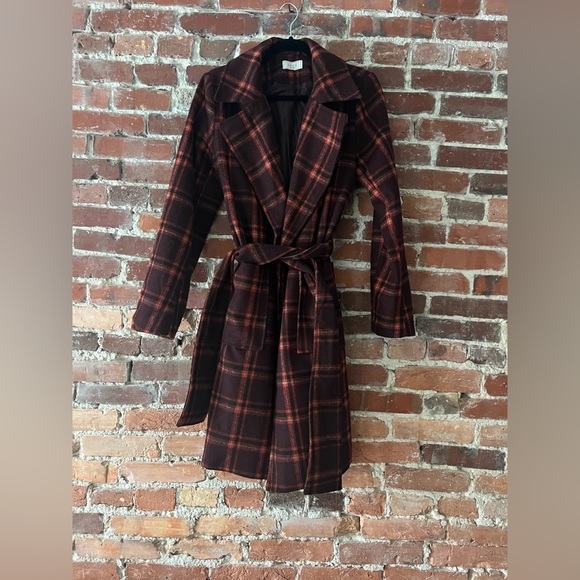 Sage | Women’s Burgundy Plaid Tie Coat size M - Picture 2 of 11